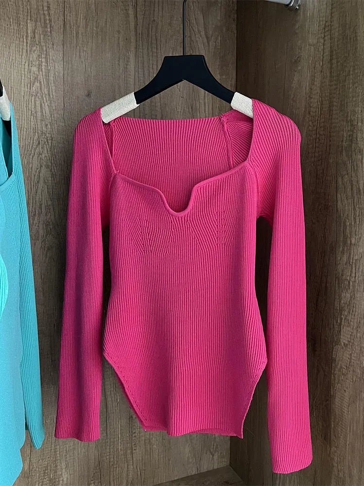 Square Collar Long Sleeve Knitted Pullover Spring Autumn Sweater Winter Top Jumper
