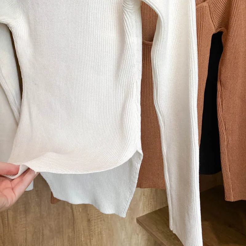 Square Collar Long Sleeve Knitted Pullover Spring Autumn Sweater Winter Top Jumper