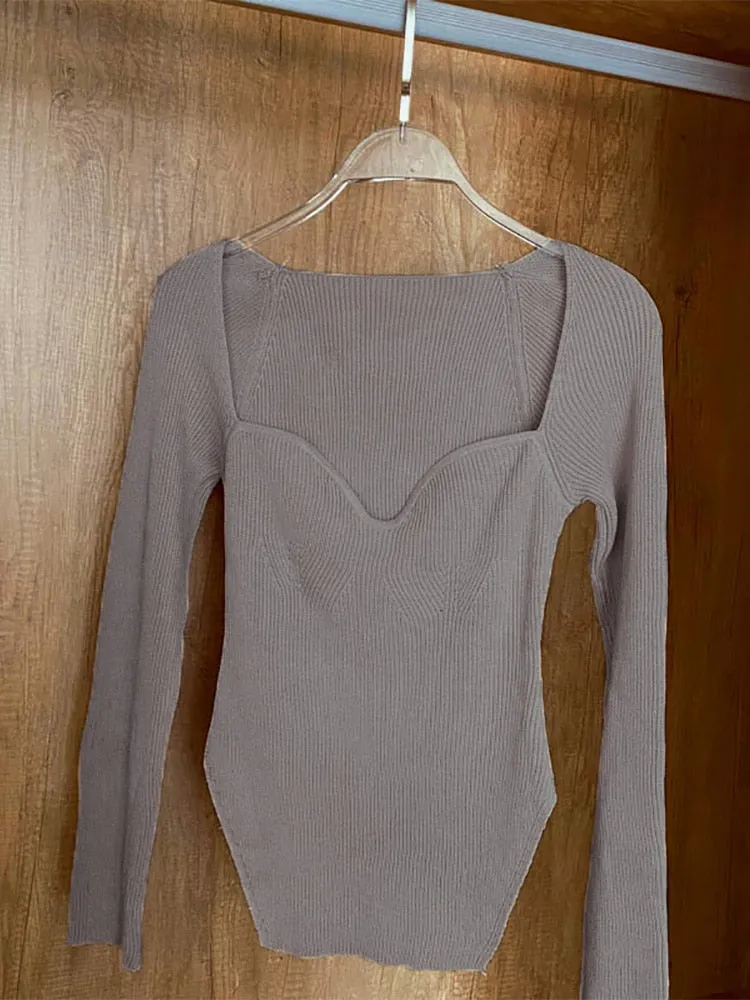 Square Collar Long Sleeve Knitted Pullover Spring Autumn Sweater Winter Top Jumper