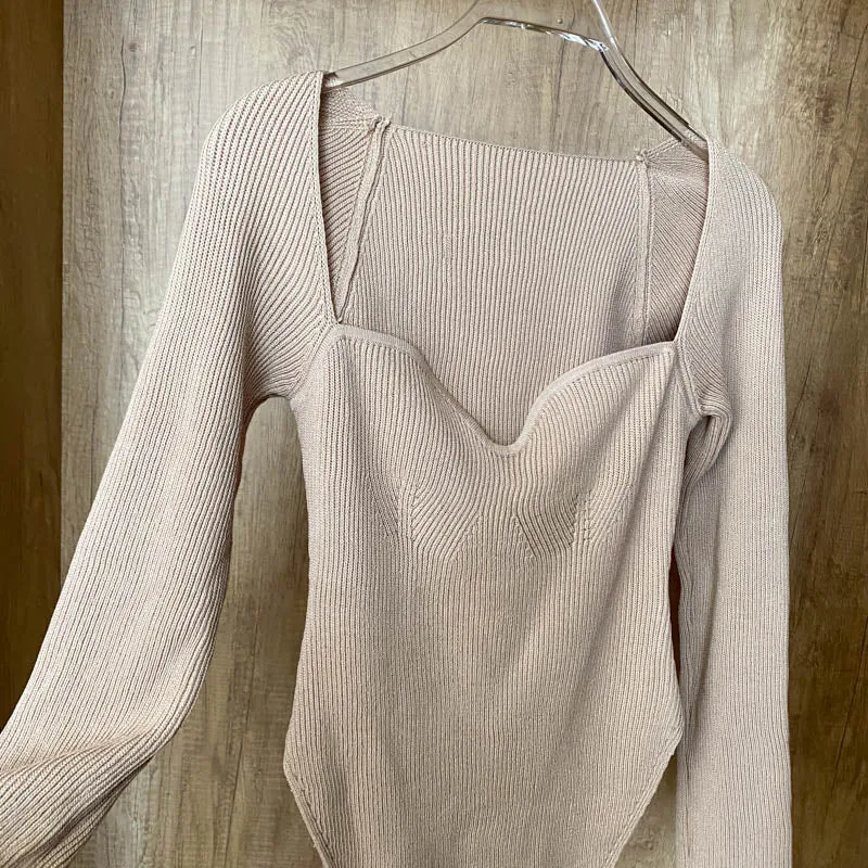 Square Collar Long Sleeve Knitted Pullover Spring Autumn Sweater Winter Top Jumper