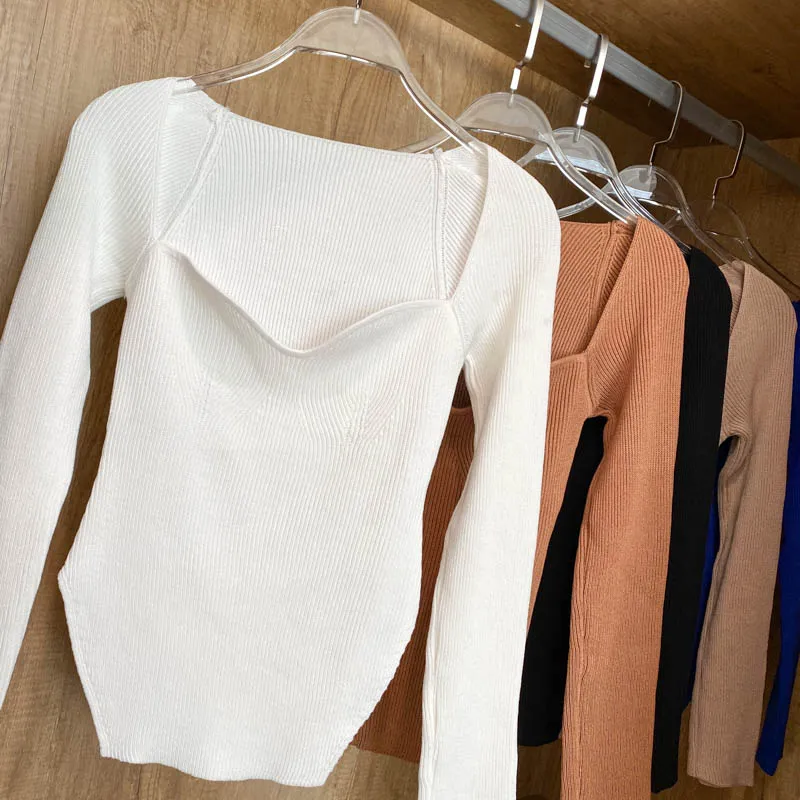 Square Collar Long Sleeve Knitted Pullover Spring Autumn Sweater Winter Top Jumper