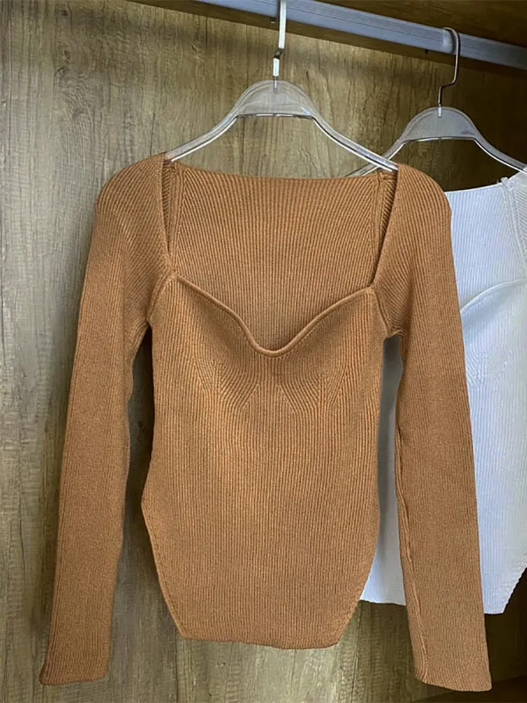 Square Collar Long Sleeve Knitted Pullover Spring Autumn Sweater Winter Top Jumper