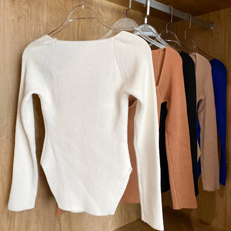 Square Collar Long Sleeve Knitted Pullover Spring Autumn Sweater Winter Top Jumper