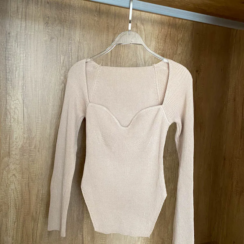 Square Collar Long Sleeve Knitted Pullover Spring Autumn Sweater Winter Top Jumper
