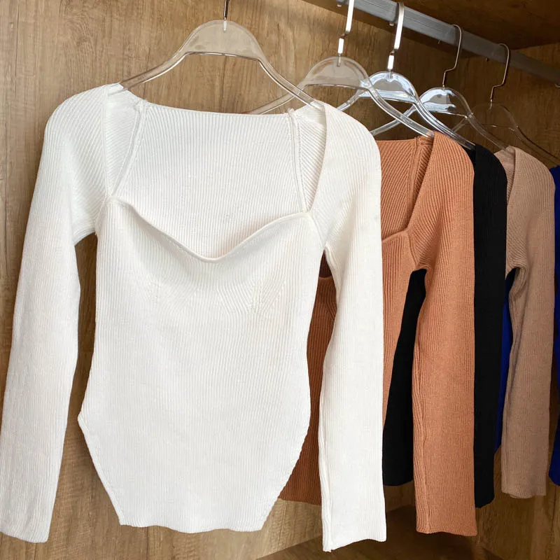 Square Collar Long Sleeve Knitted Pullover Spring Autumn Sweater Winter Top Jumper