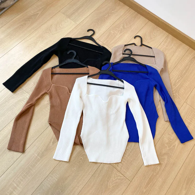 Square Collar Long Sleeve Knitted Pullover Spring Autumn Sweater Winter Top Jumper