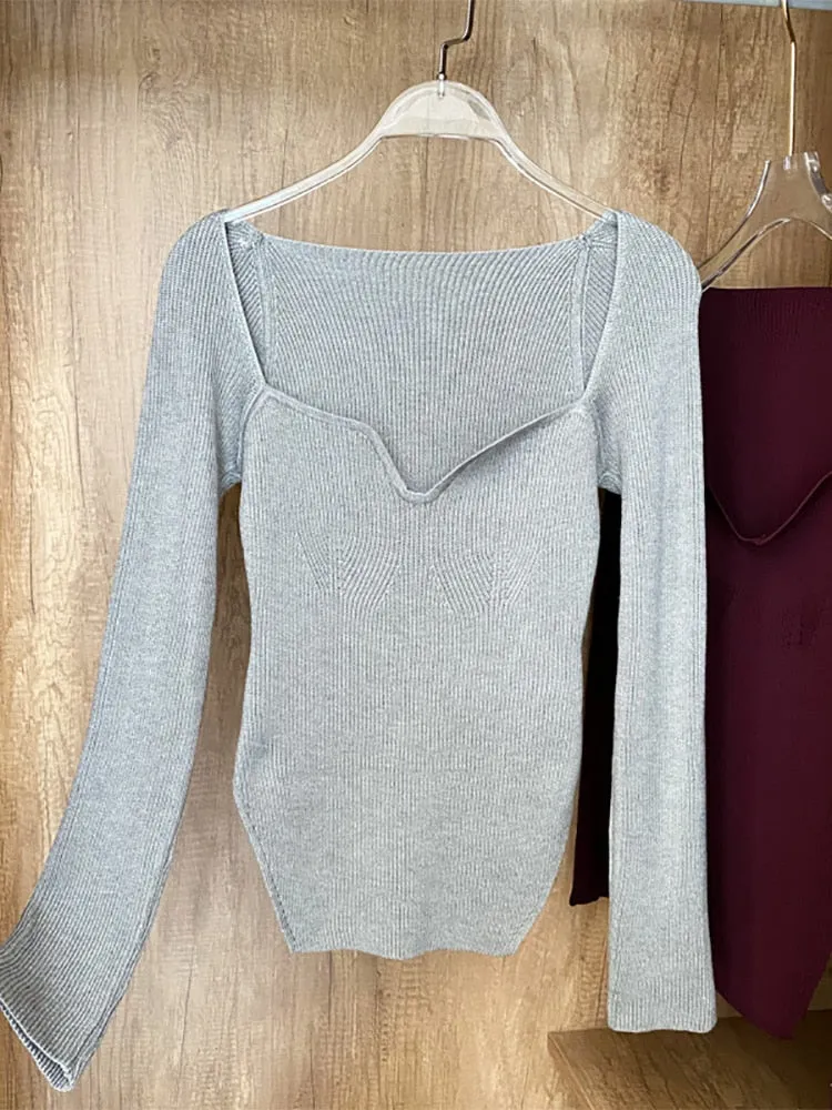 Square Collar Long Sleeve Knitted Pullover Spring Autumn Sweater Winter Top Jumper