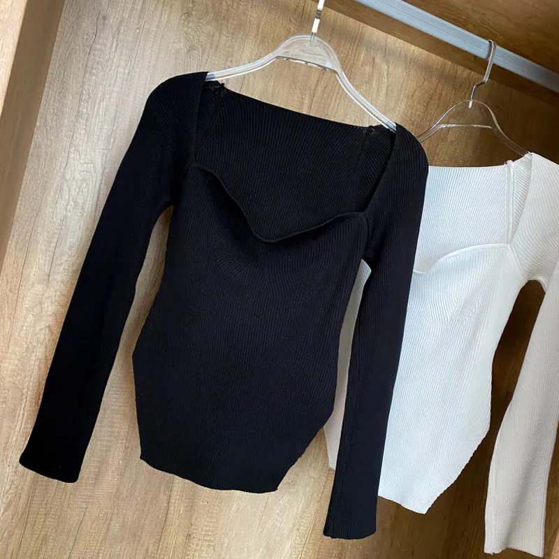 Square Collar Long Sleeve Knitted Pullover Spring Autumn Sweater Winter Top Jumper