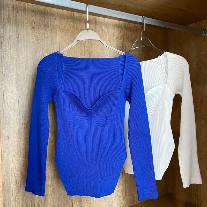 Square Collar Long Sleeve Knitted Pullover Spring Autumn Sweater Winter Top Jumper