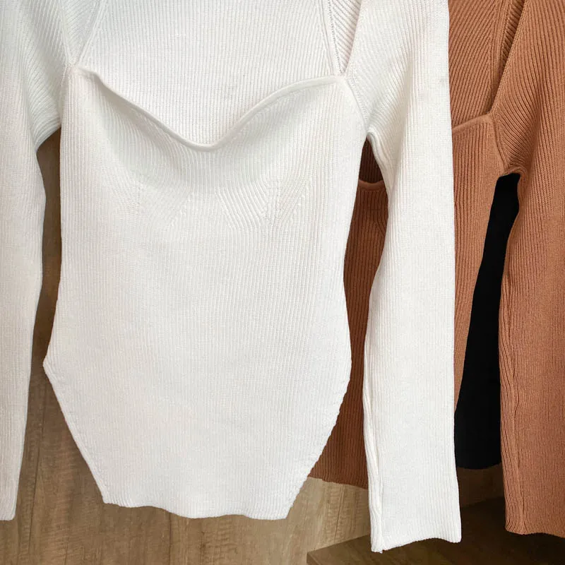 Square Collar Long Sleeve Knitted Pullover Spring Autumn Sweater Winter Top Jumper