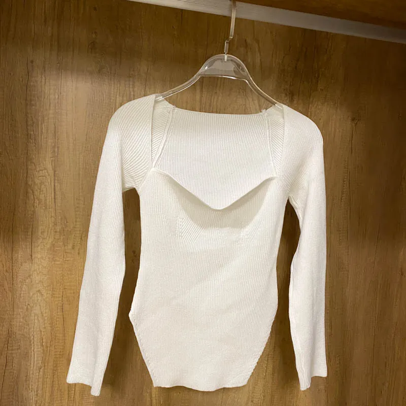 Square Collar Long Sleeve Knitted Pullover Spring Autumn Sweater Winter Top Jumper