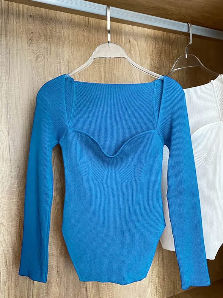Square Collar Long Sleeve Knitted Pullover Spring Autumn Sweater Winter Top Jumper