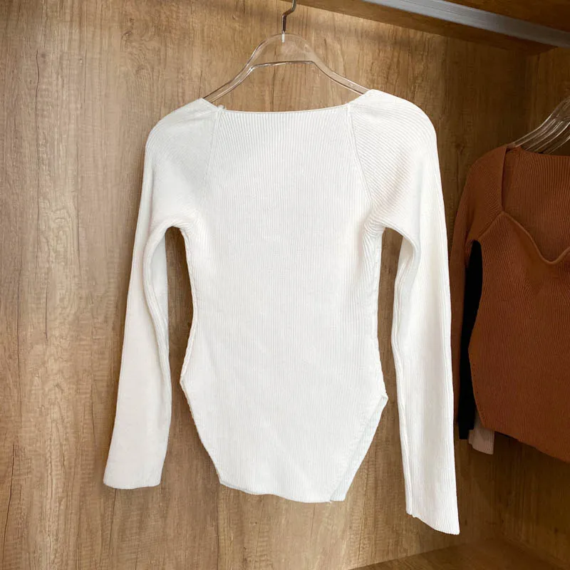 Square Collar Long Sleeve Knitted Pullover Spring Autumn Sweater Winter Top Jumper
