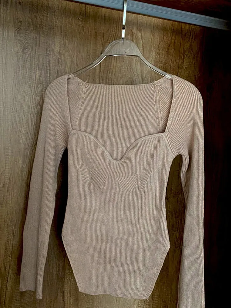 Square Collar Long Sleeve Knitted Pullover Spring Autumn Sweater Winter Top Jumper
