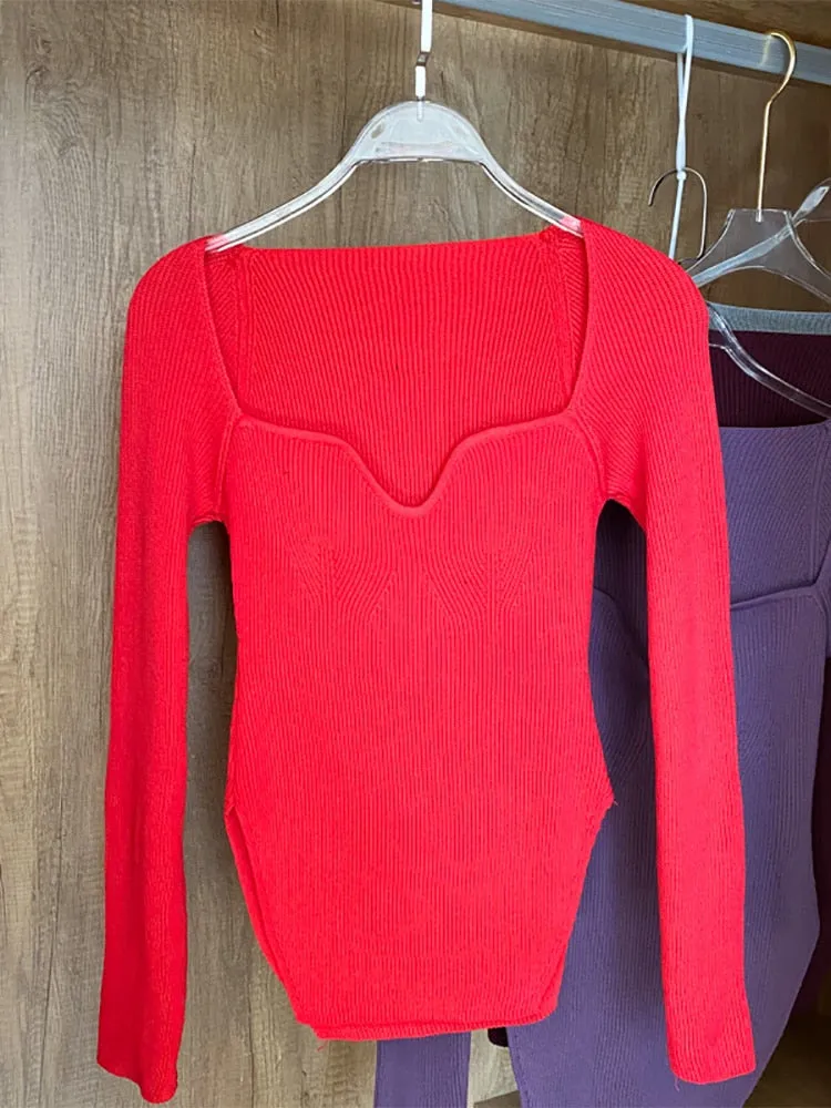 Square Collar Long Sleeve Knitted Pullover Spring Autumn Sweater Winter Top Jumper