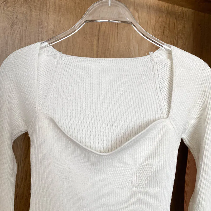Square Collar Long Sleeve Knitted Pullover Spring Autumn Sweater Winter Top Jumper