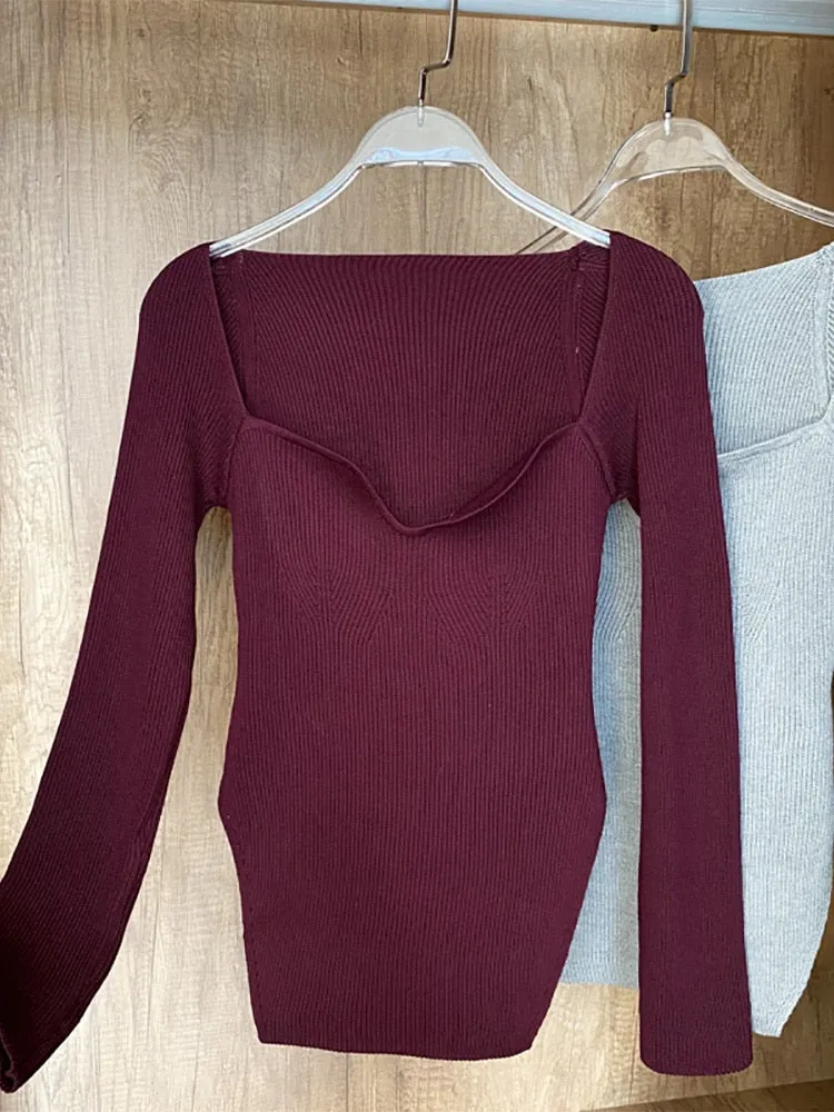 Square Collar Long Sleeve Knitted Pullover Spring Autumn Sweater Winter Top Jumper