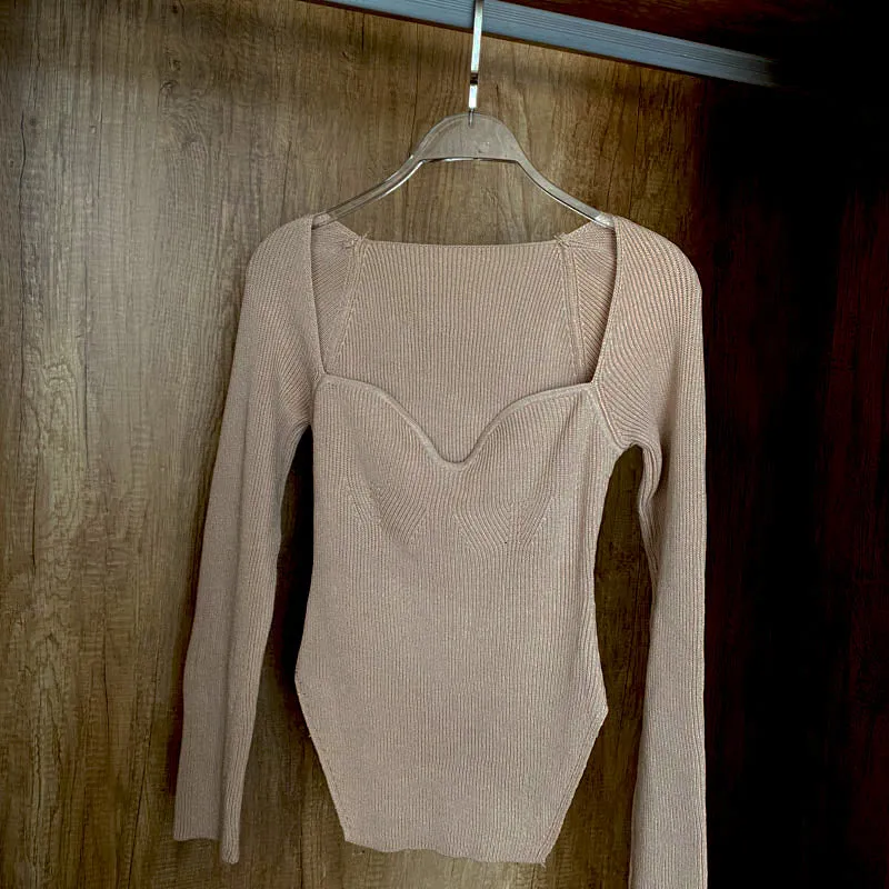 Square Collar Long Sleeve Knitted Pullover Spring Autumn Sweater Winter Top Jumper