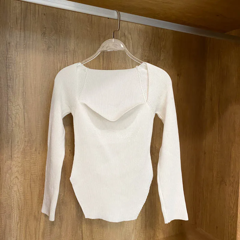 Square Collar Long Sleeve Knitted Pullover Spring Autumn Sweater Winter Top Jumper
