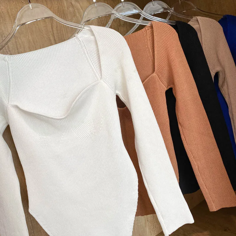 Square Collar Long Sleeve Knitted Pullover Spring Autumn Sweater Winter Top Jumper
