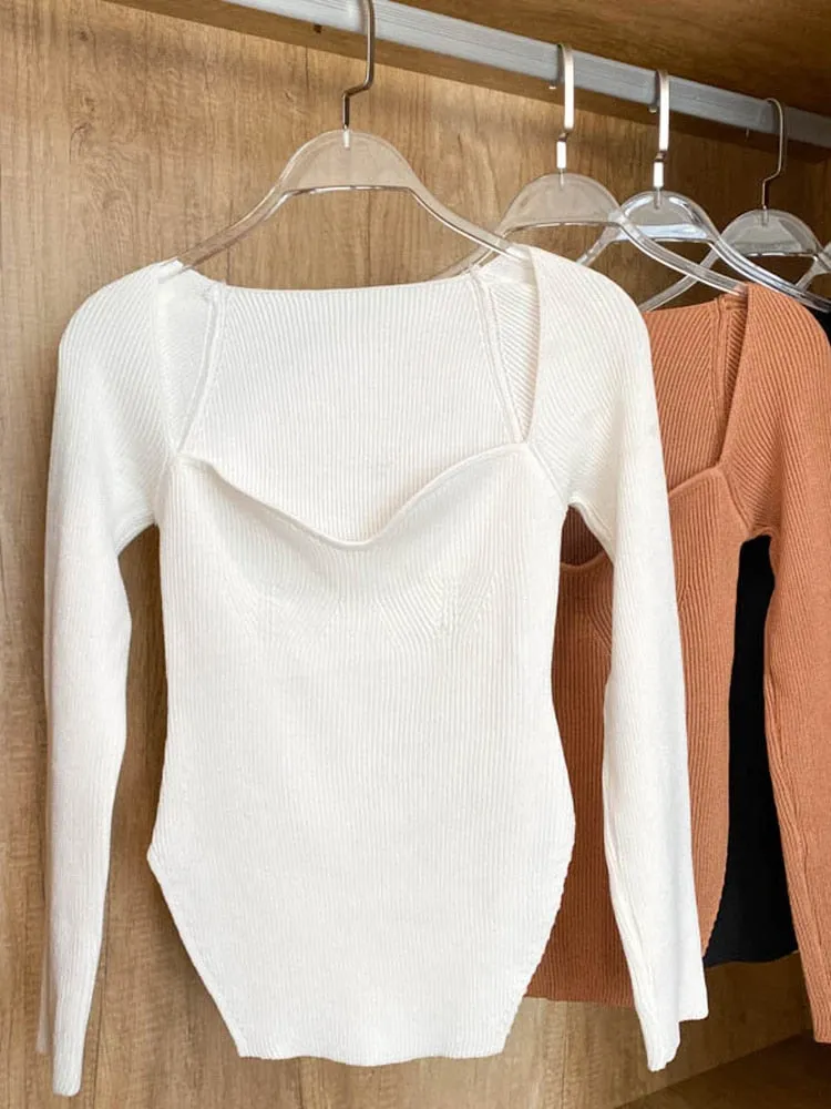 Square Collar Long Sleeve Knitted Pullover Spring Autumn Sweater Winter Top Jumper