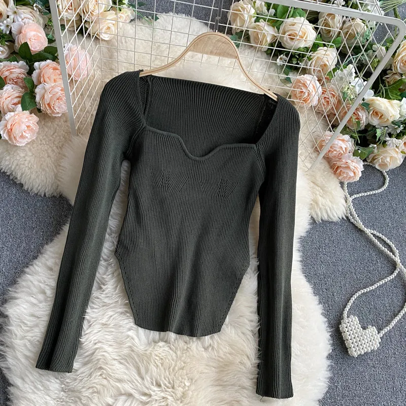 Square Collar Long Sleeve Knitted Pullover Spring Autumn Sweater Winter Top Jumper
