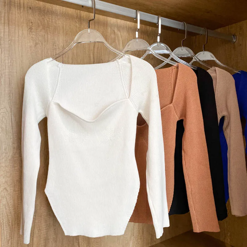 Square Collar Long Sleeve Knitted Pullover Spring Autumn Sweater Winter Top Jumper