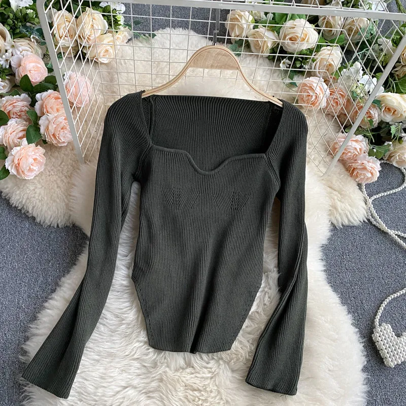 Square Collar Long Sleeve Knitted Pullover Spring Autumn Sweater Winter Top Jumper
