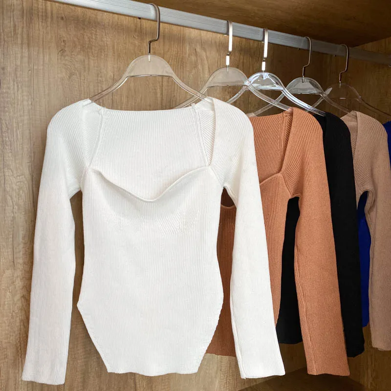 Square Collar Long Sleeve Knitted Pullover Spring Autumn Sweater Winter Top Jumper