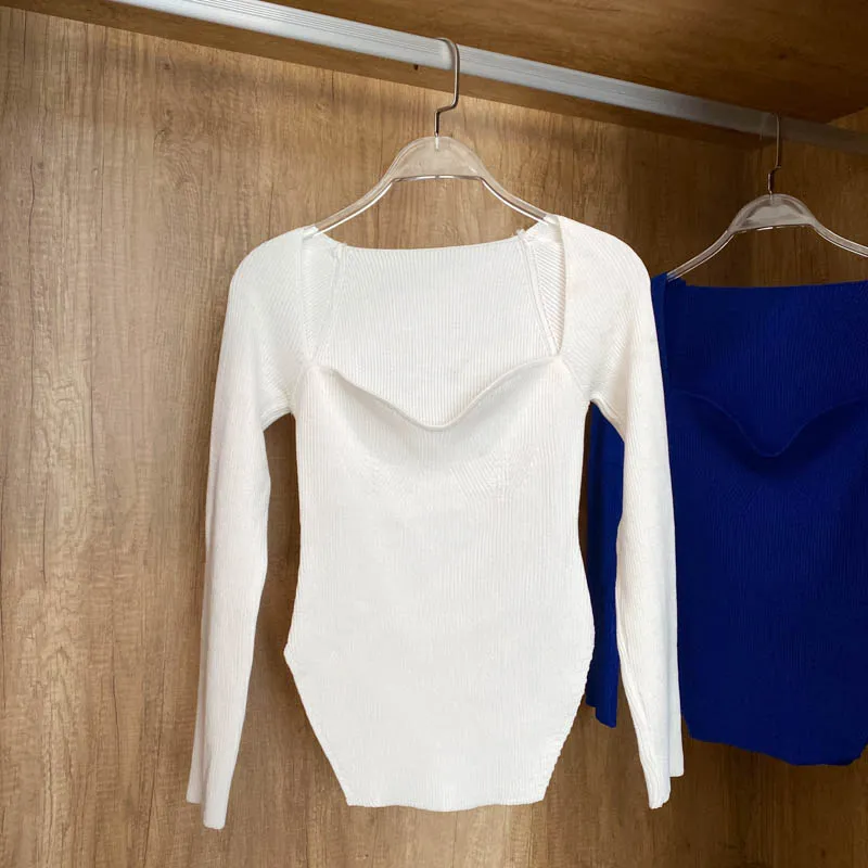 Square Collar Long Sleeve Knitted Pullover Spring Autumn Sweater Winter Top Jumper