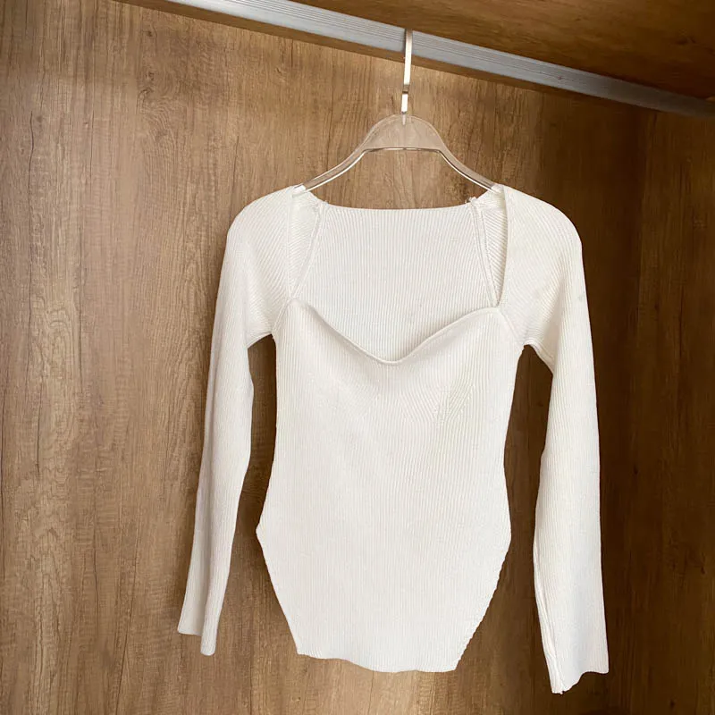 Square Collar Long Sleeve Knitted Pullover Spring Autumn Sweater Winter Top Jumper