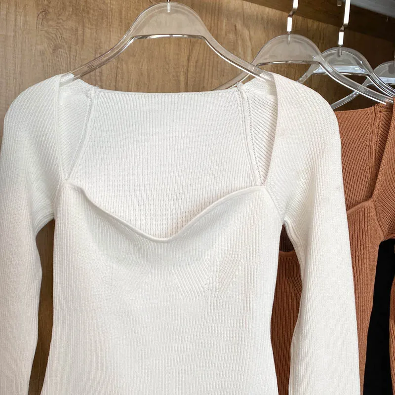 Square Collar Long Sleeve Knitted Pullover Spring Autumn Sweater Winter Top Jumper