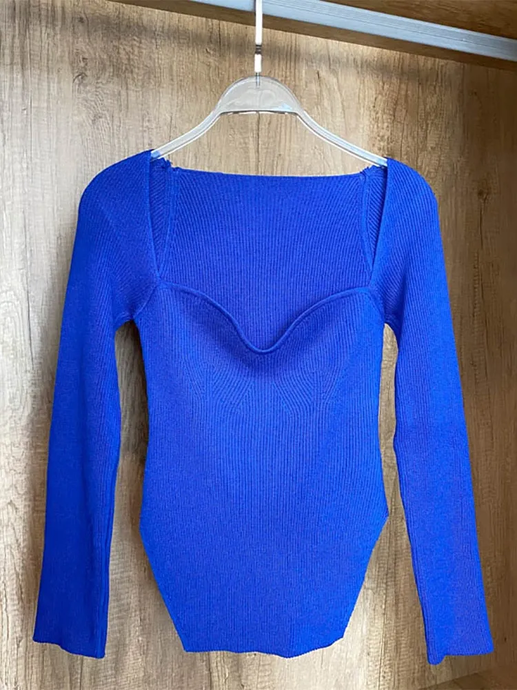 Square Collar Long Sleeve Knitted Pullover Spring Autumn Sweater Winter Top Jumper