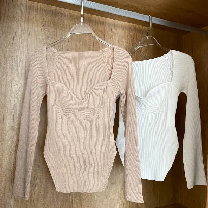 Square Collar Long Sleeve Knitted Pullover Spring Autumn Sweater Winter Top Jumper