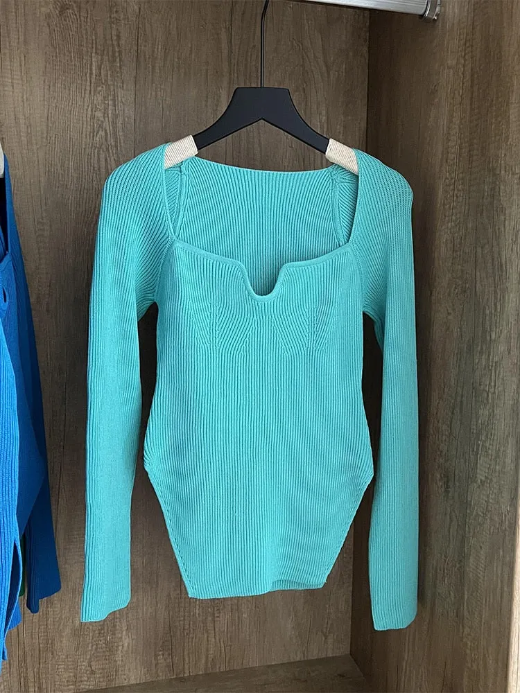 Square Collar Long Sleeve Knitted Pullover Spring Autumn Sweater Winter Top Jumper