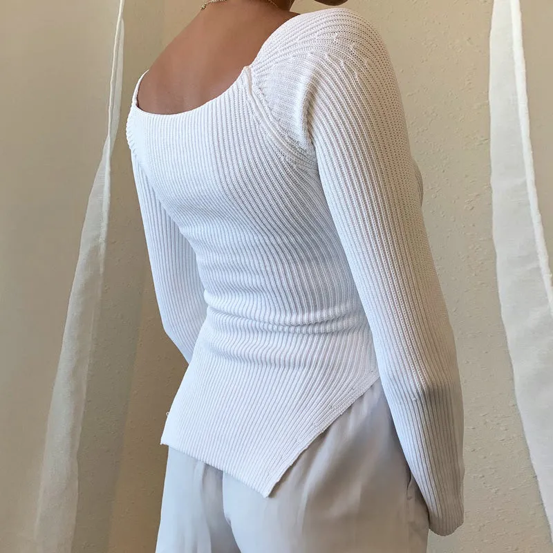 Square Collar Long Sleeve Knitted Pullover Spring Autumn Sweater Winter Top Jumper