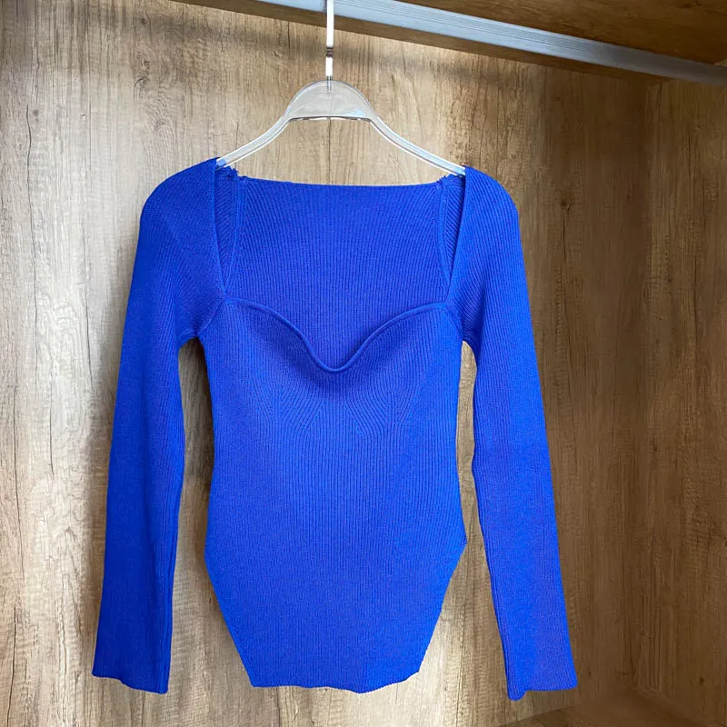 Square Collar Long Sleeve Knitted Pullover Spring Autumn Sweater Winter Top Jumper