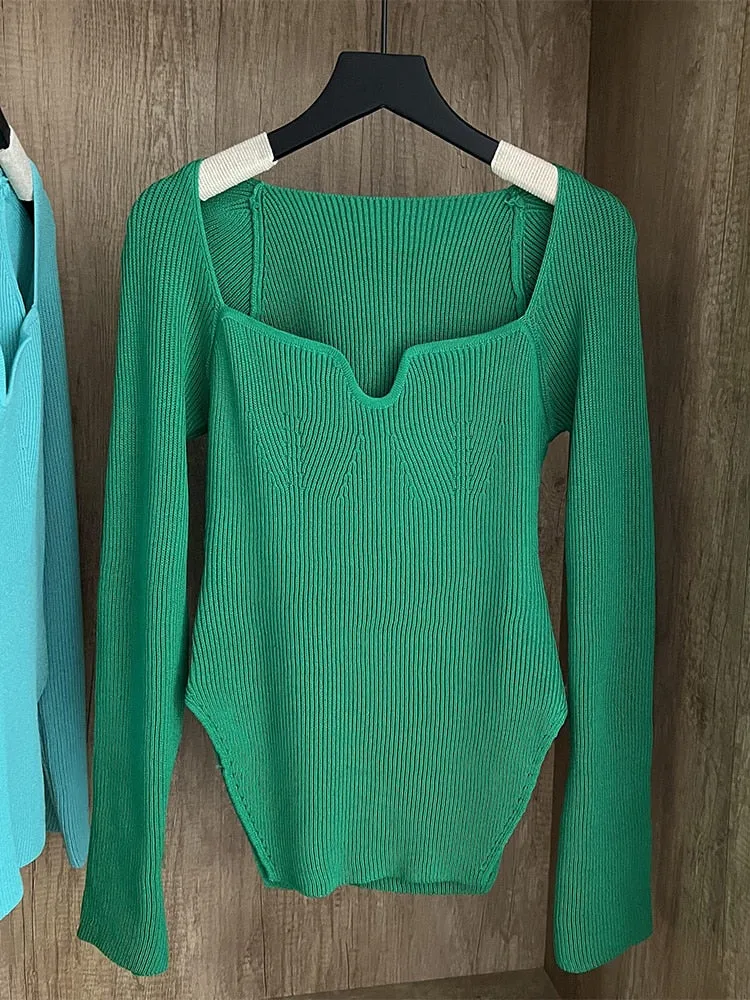 Square Collar Long Sleeve Knitted Pullover Spring Autumn Sweater Winter Top Jumper