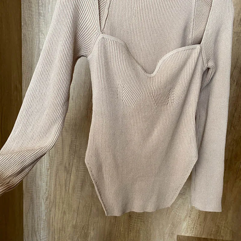 Square Collar Long Sleeve Knitted Pullover Spring Autumn Sweater Winter Top Jumper