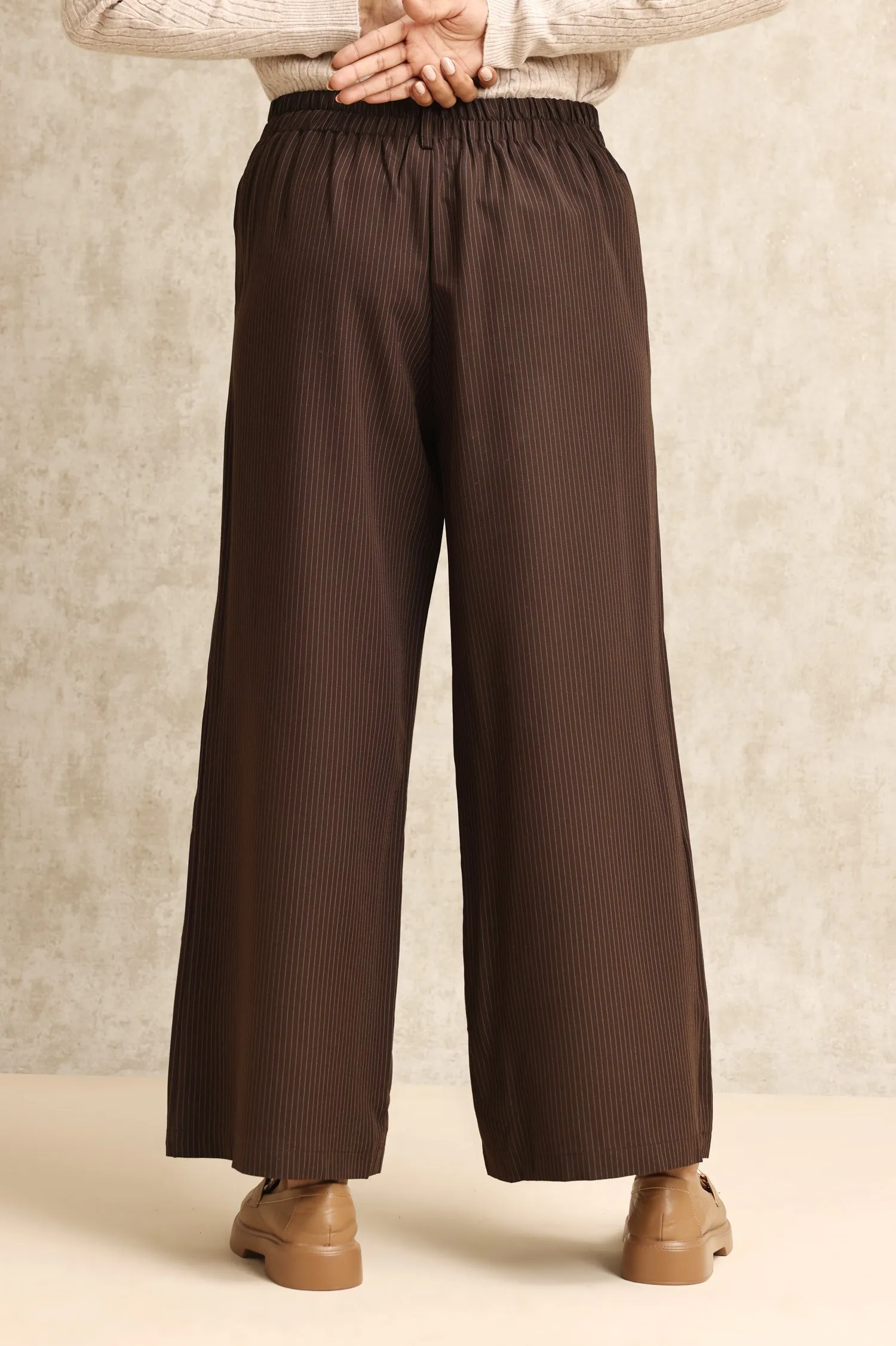 STRIPED WIDE-LEG PANTS-COFFEE