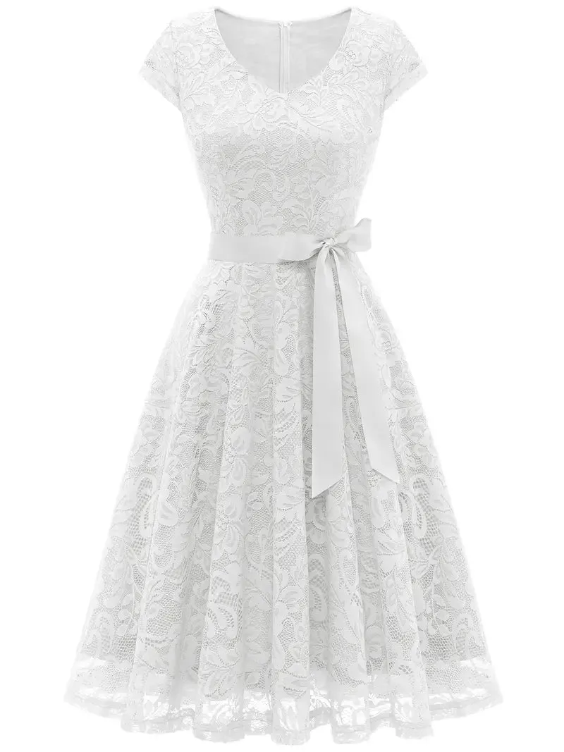 TastyHottie - Lace V Neck Short Sleeve A Line Party Dress