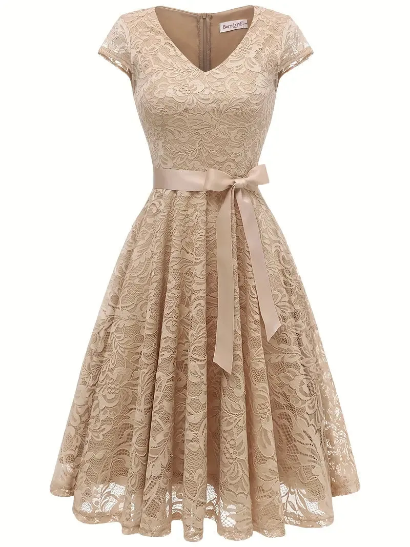 TastyHottie - Lace V Neck Short Sleeve A Line Party Dress