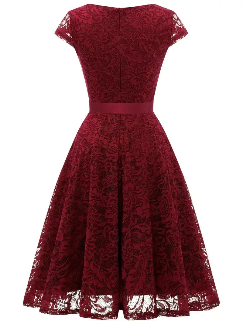TastyHottie - Lace V Neck Short Sleeve A Line Party Dress
