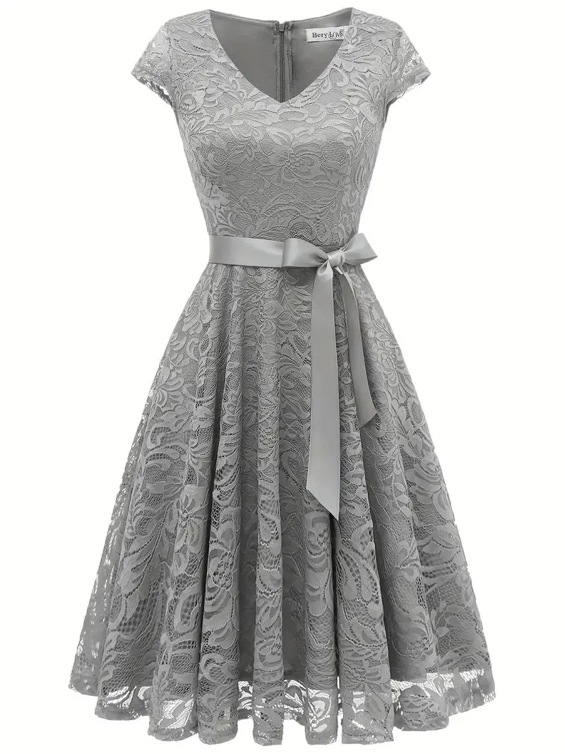 TastyHottie - Lace V Neck Short Sleeve A Line Party Dress
