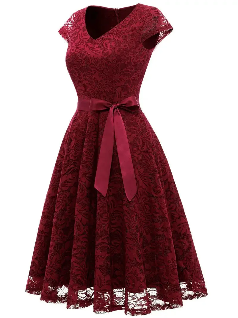 TastyHottie - Lace V Neck Short Sleeve A Line Party Dress