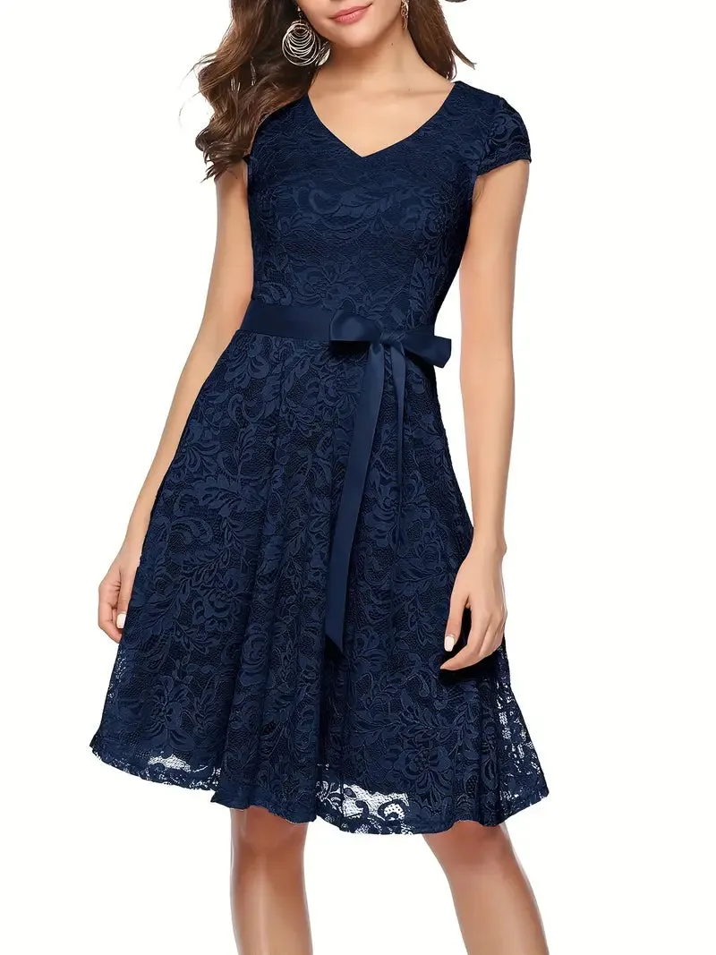 TastyHottie - Lace V Neck Short Sleeve A Line Party Dress