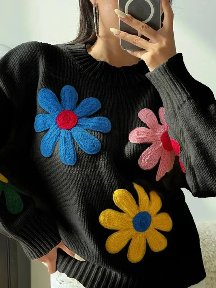 TAVIMART  -  Autumn Knitted Women Sweater Sweet Flower Loose Long Sleeve O-neck Female Pullovers 2025 New Casual Loose Ladies Tops Streetwear