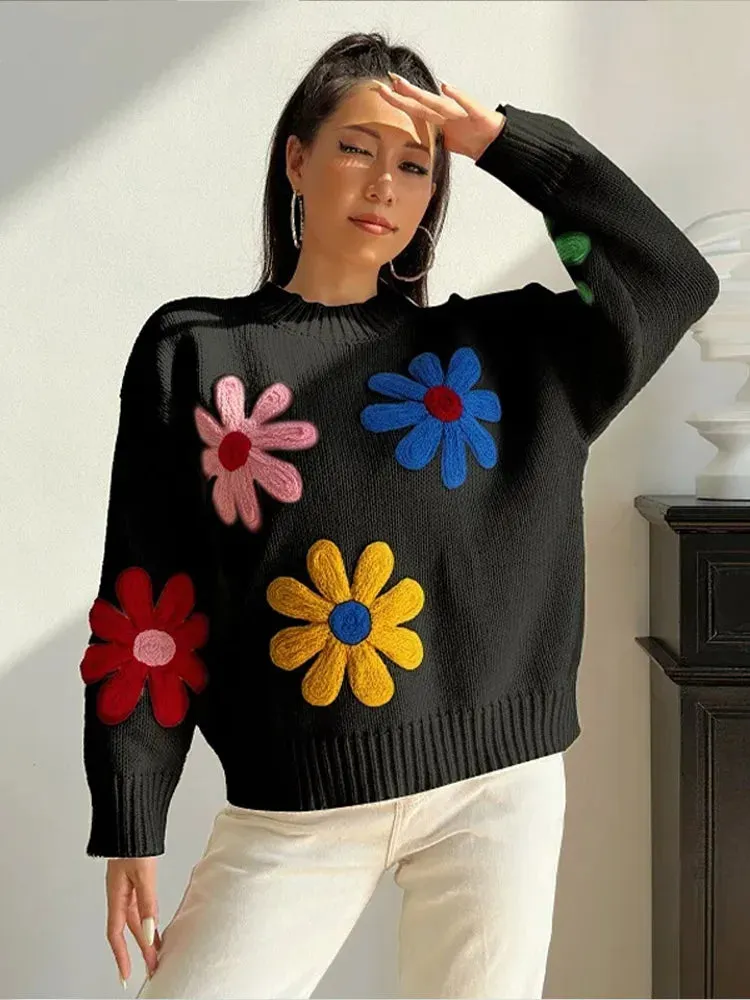 TAVIMART  -  Autumn Knitted Women Sweater Sweet Flower Loose Long Sleeve O-neck Female Pullovers 2025 New Casual Loose Ladies Tops Streetwear