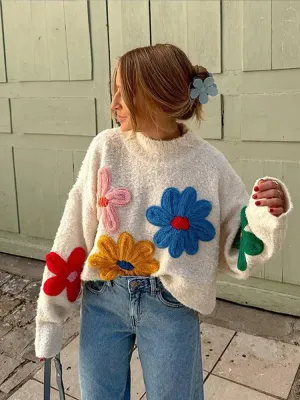 TAVIMART  -  Autumn Knitted Women Sweater Sweet Flower Loose Long Sleeve O-neck Female Pullovers 2025 New Casual Loose Ladies Tops Streetwear