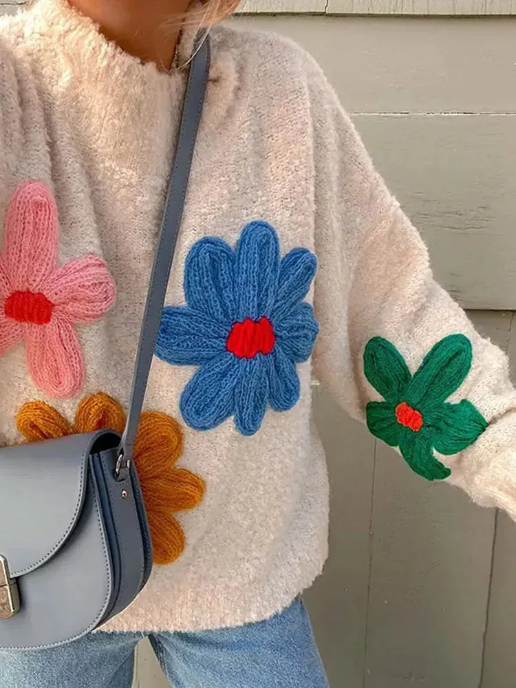 TAVIMART  -  Autumn Knitted Women Sweater Sweet Flower Loose Long Sleeve O-neck Female Pullovers 2025 New Casual Loose Ladies Tops Streetwear
